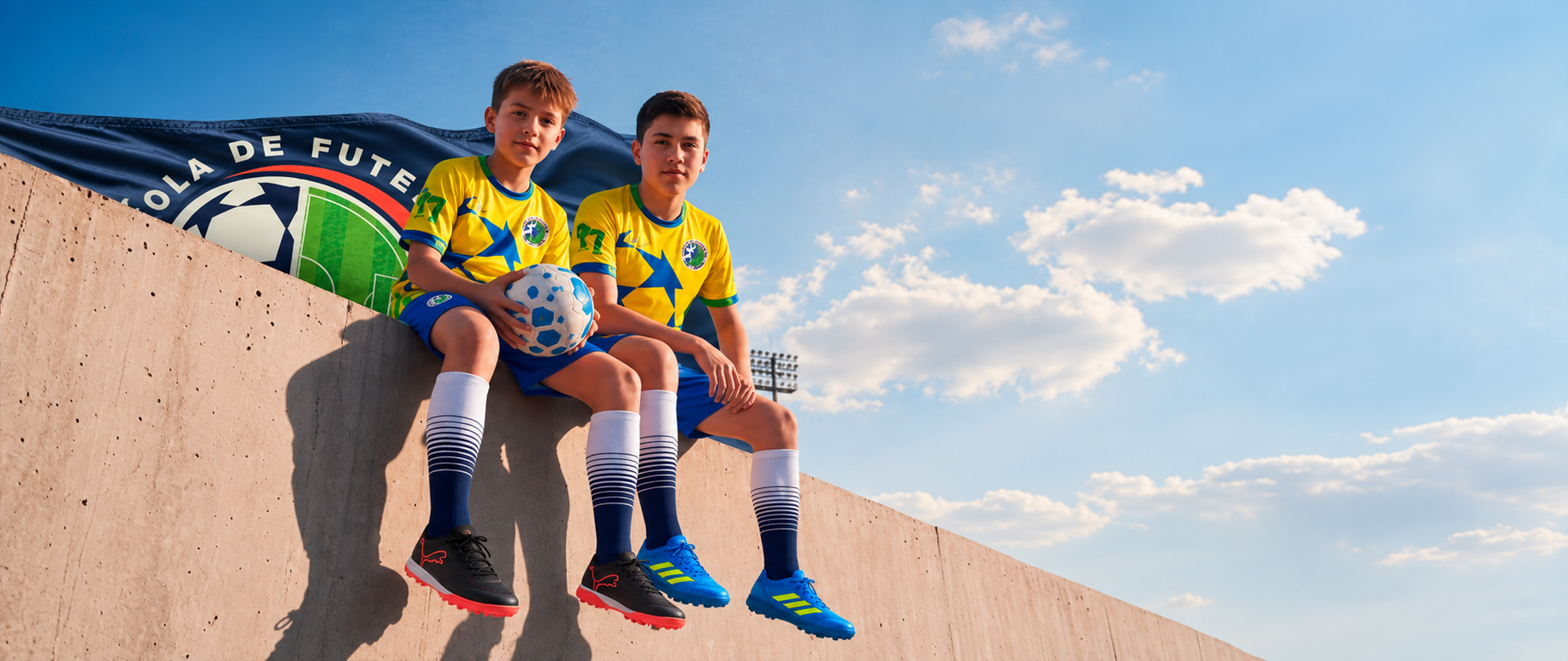 Alunos da Escola de Futebol Brasil Europa com a bandeira da escola